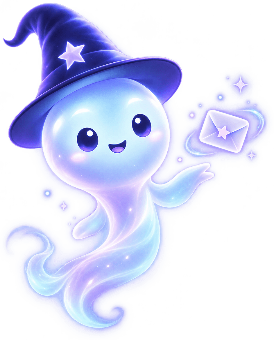 Wispy holding a glowing envelope